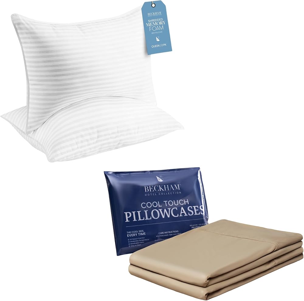 Memory Foam Bed Pillows and Cooling Pillowcases, Set of 2 — Sand