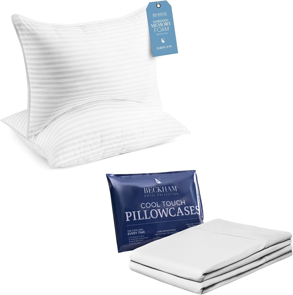 Memory Foam Bed Pillows and Cooling Pillowcases, Set of 2 — White