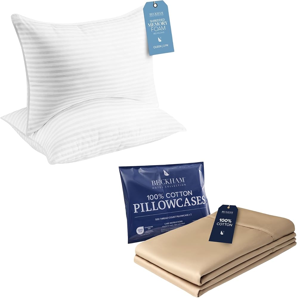 Memory Foam Bed Pillows and Cotton Pillowcases, Set of 2 — Sand