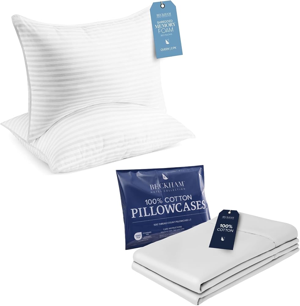 Memory Foam Bed Pillows and Cotton Pillowcases, Set of 2 — White