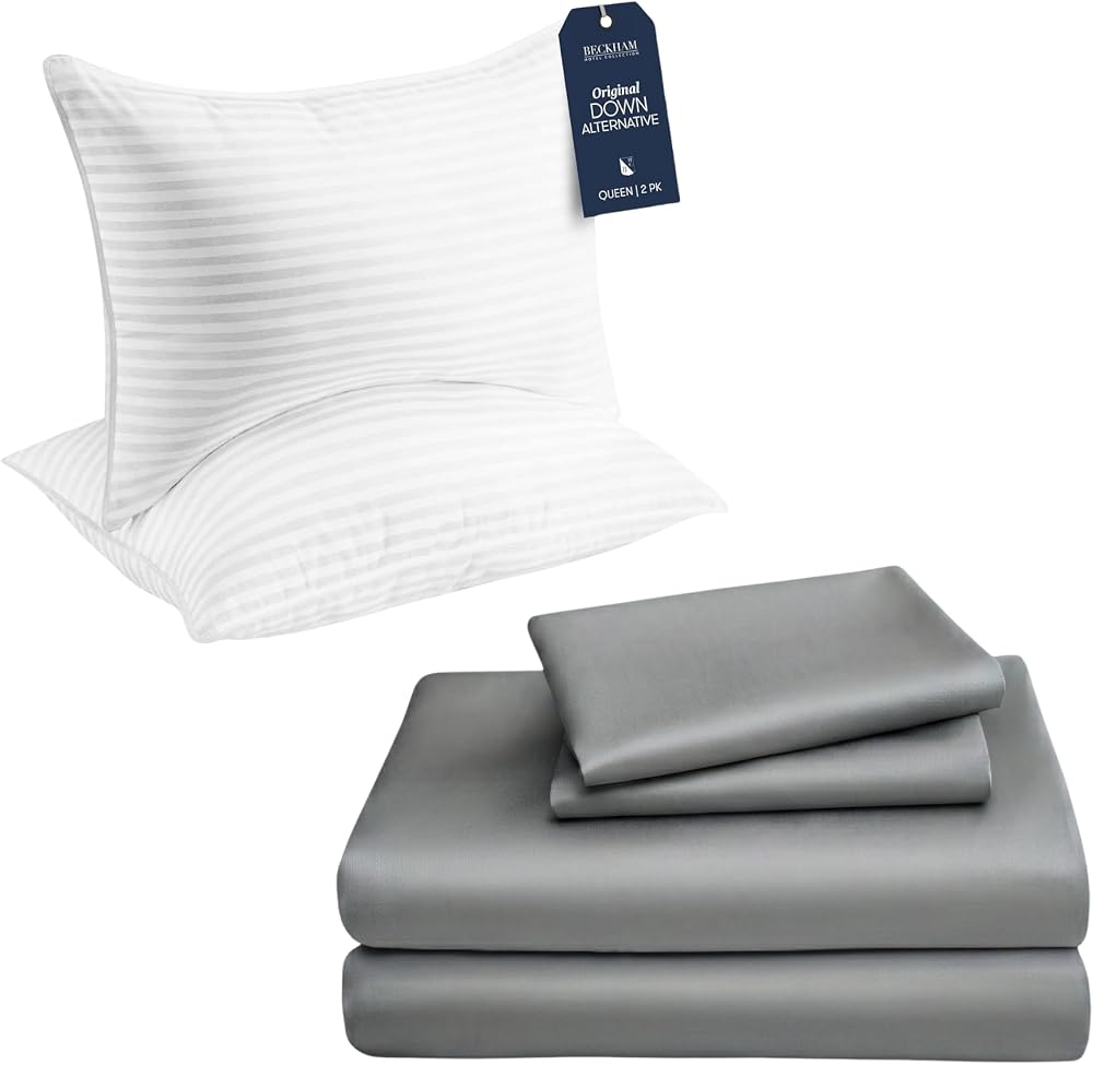 Down Alternative Pillows and Cotton Sheets, 4-Piece Set — Dark Gray