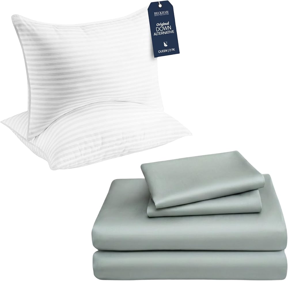 Down Alternative Pillows and Cotton Sheets, 4-Piece Set — Gray