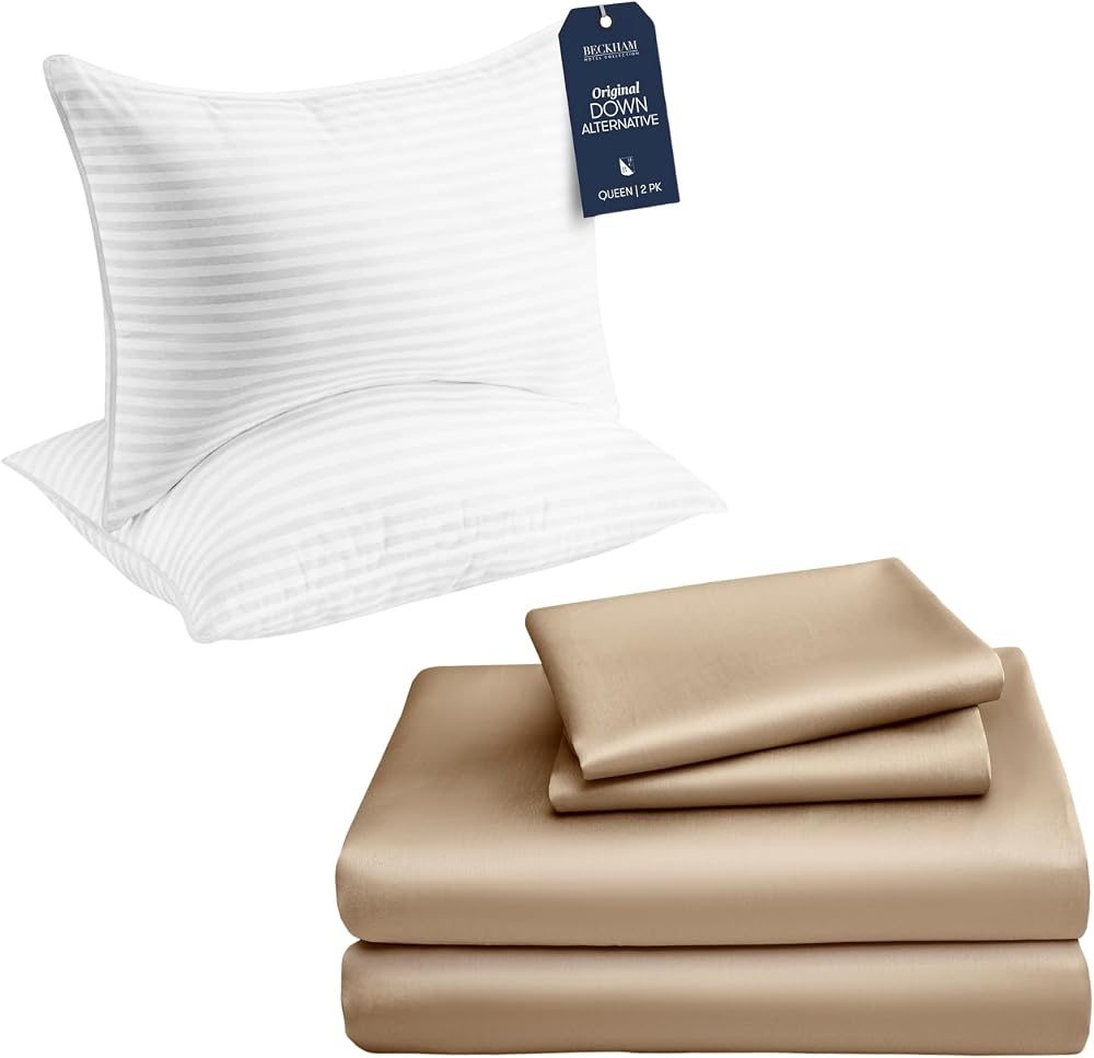 Down Alternative Pillows and Cotton Sheets, 4-Piece Set — Sand