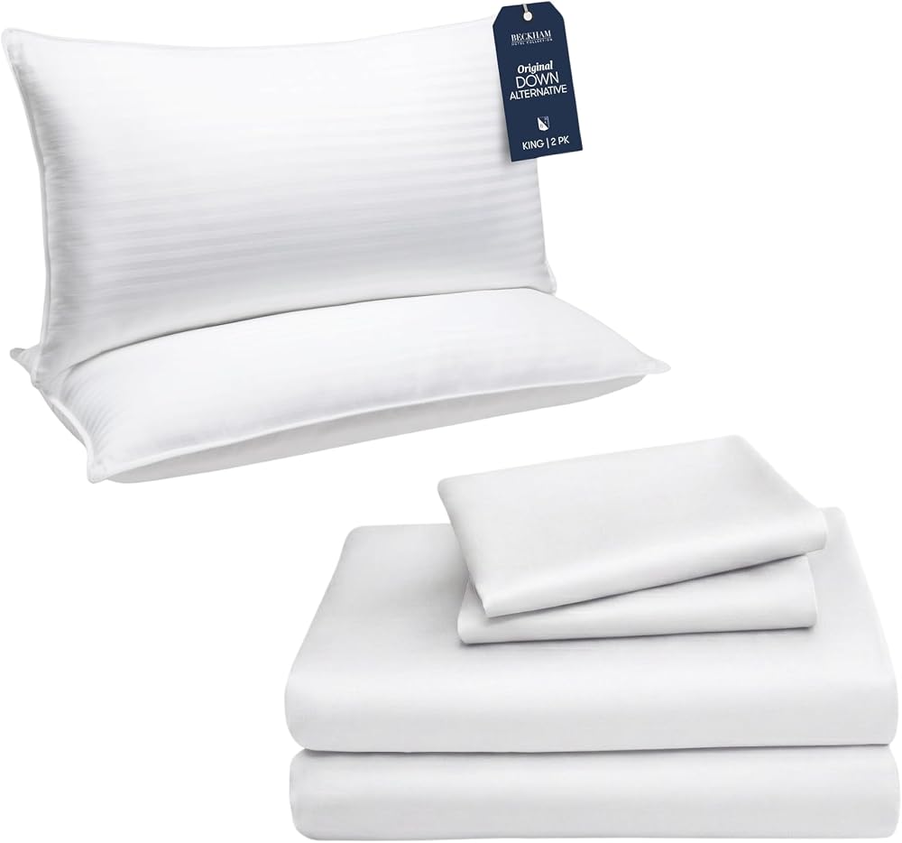 Down Alternative Pillows and Cotton Sheets, 4-Piece Set — White
