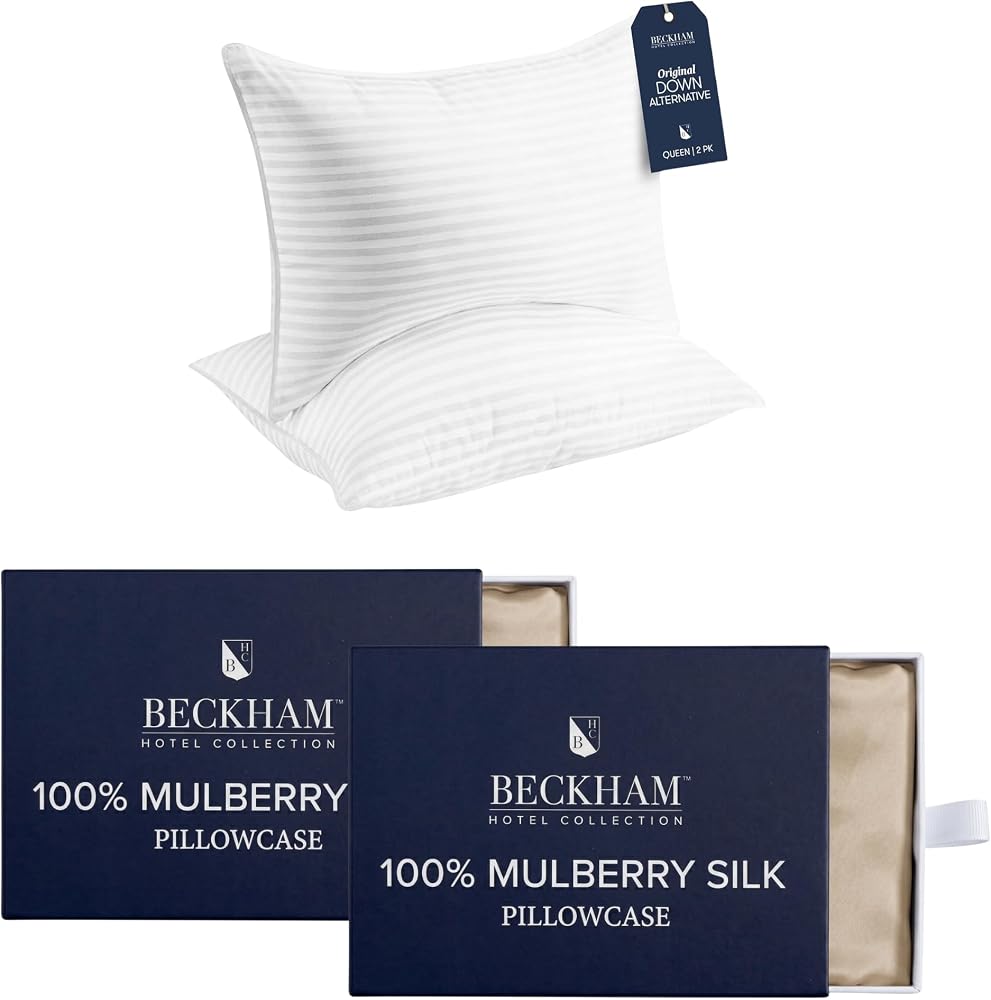 Pillows with 2 Mulberry Silk Pillowcases, 22 Momme — Champagne